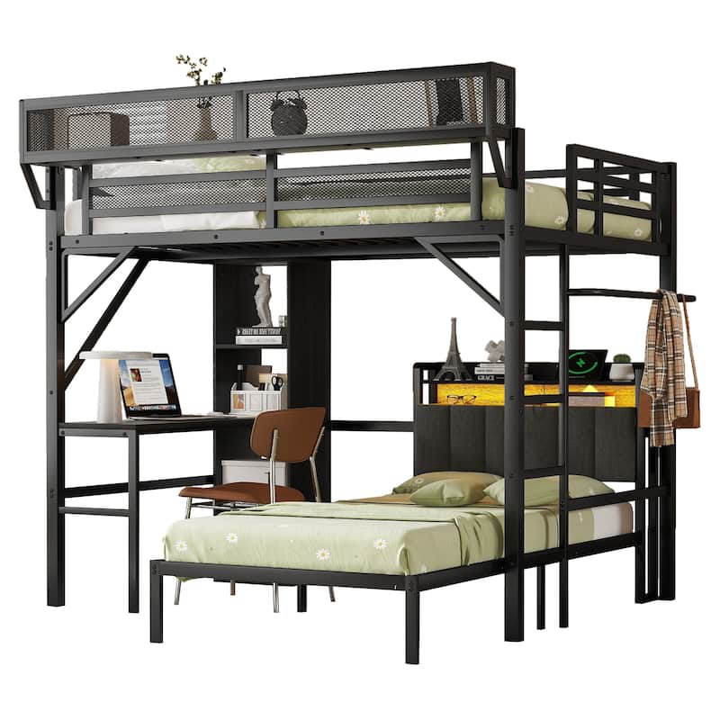 Full over Twin Metal Bunk Bed with Desk and Bookshelves,Detachable Metal Bunk Bed with LED and Charge Station