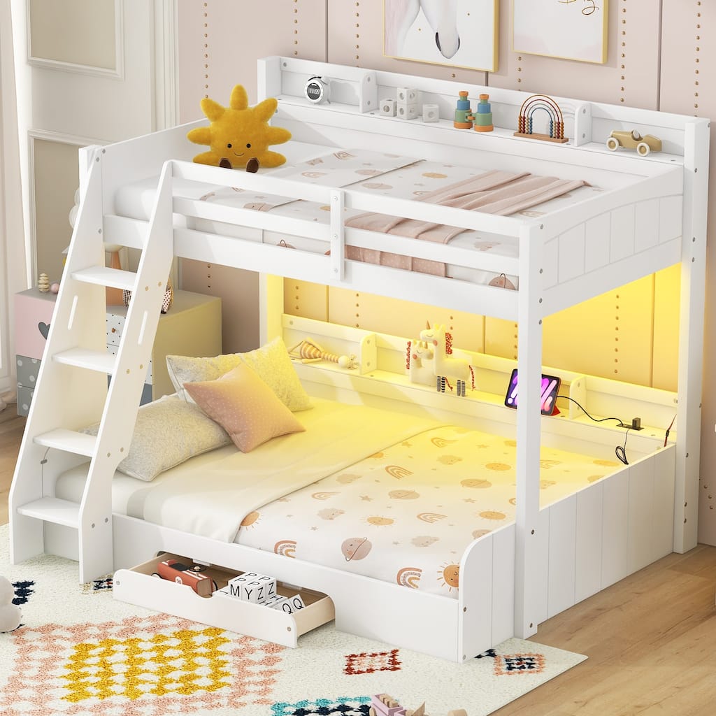 Twin over Full Bunk Bed with Storage Shelves, LED Lights, Charging Station, and Drawer