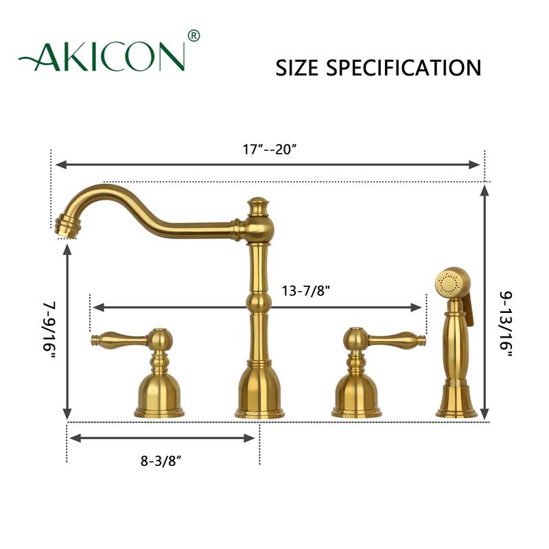 Two-Handles Widespread Kitchen Faucet with Side Sprayer- Brushed Gold