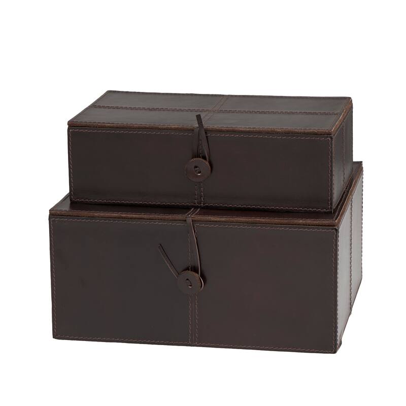 Dark Brown Leather Storage Box with Snap Front Closure and Detailed Stitching (Set of 2)