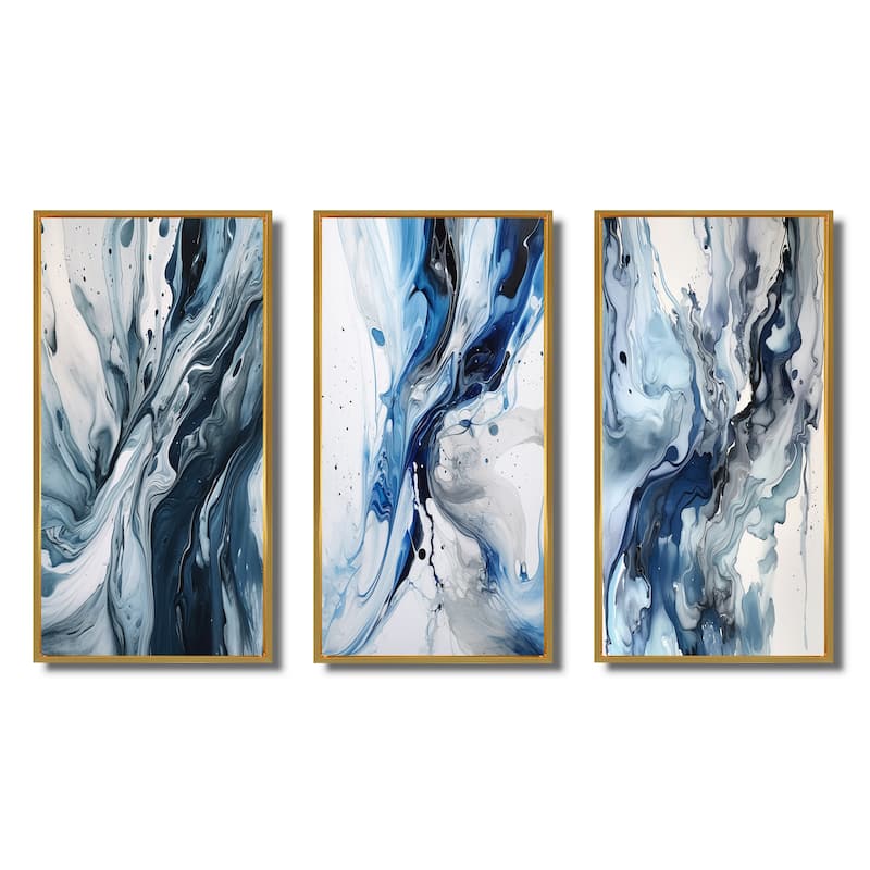 Designart "Blue And Grey Ethereal Elixir III" Abstract Framed Wall Art Set Of 3 Frame Canvas Set For Living Room Decor