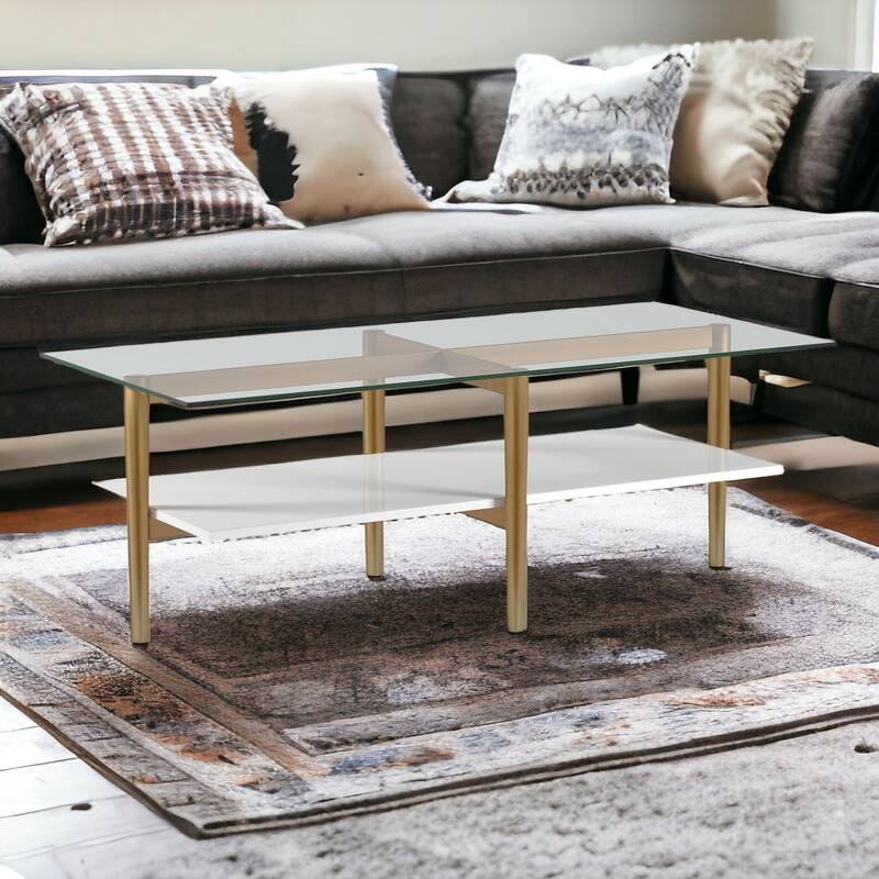47" Gold Glass Coffee Table with Steel Base and Storage Shelf for Living Room - 47” x 22” x 17”