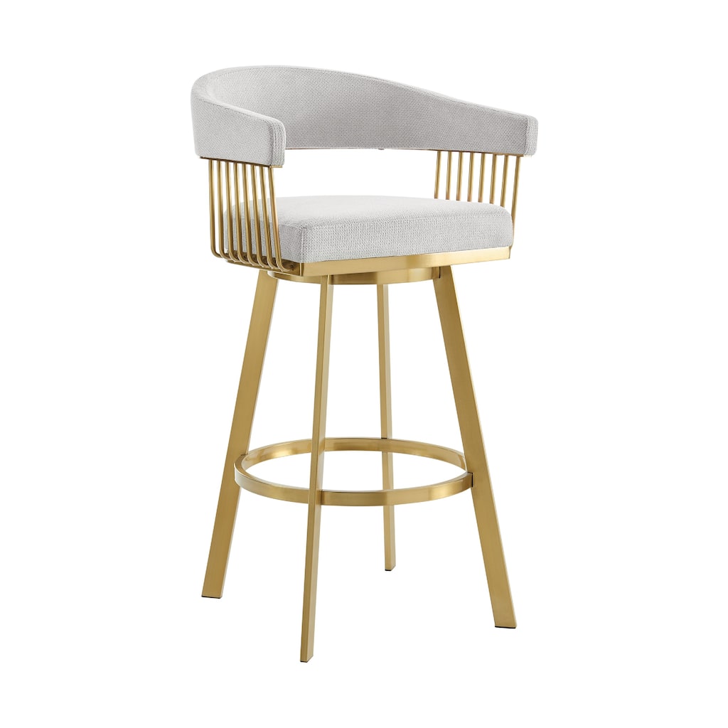 Luci Swivel Barstool Chair, Gold Steel, Taper Legs, Silver Polyester