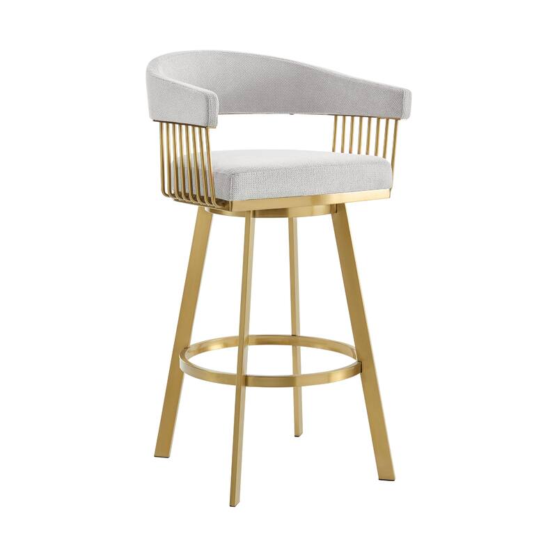 Luci Swivel Barstool Chair, Gold Steel, Taper Legs, Silver Polyester