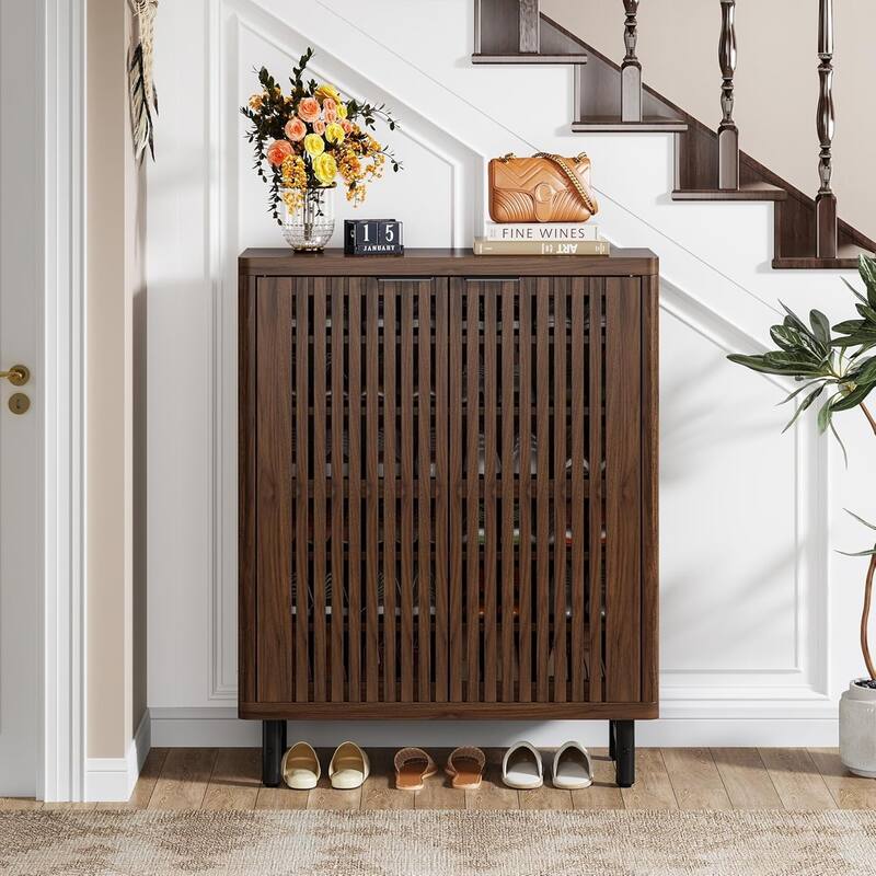 6-Tier Shoe Cabinet with Shutter Doors Adjustable Shelves Wooden Storage Cabinet for Entryway/Hallway/Closet/Living Room