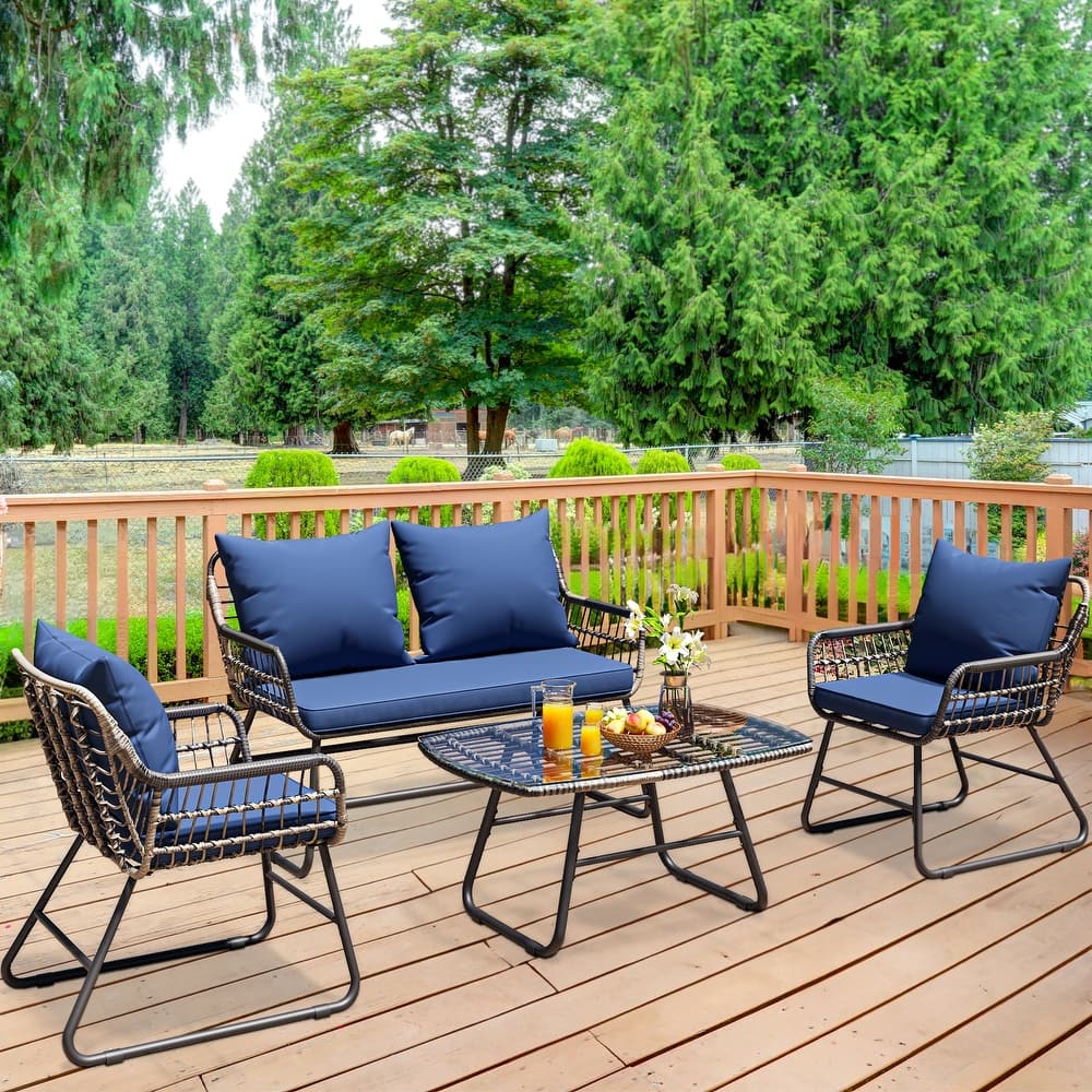 Moasis 4-Piece All-Weather Rattan Conversation Loveseat Chairs Wicker Outdoor Bistro Set