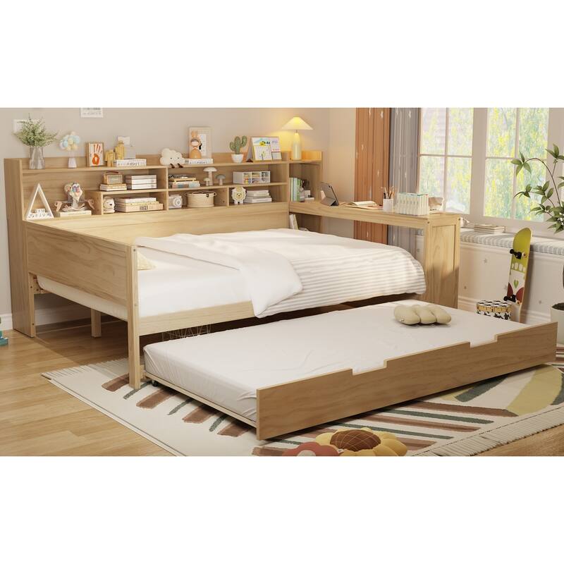 Wooden Full Size Daybed with Storage Shelves, Multi-functional Bed with Twin Size Trundle Bed and Study Desk