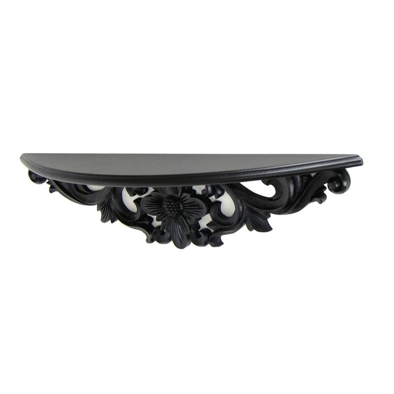 Hand Carved Wooden Moonbay Wall Shelf in Floral Design, Black