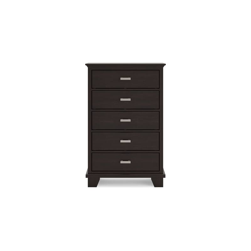 Teno Tall Dresser Chest, 5 Drawers, Nickel, Dark Brown Solid Hardwood