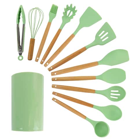 MegaChef 12 Piece Mint Green Silicone and Wood Kitchen Utensil Set