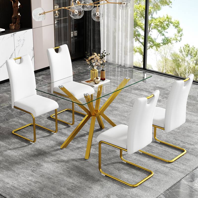 47.24" Rectangular Clear Tempered Glass Dining Table,Stylish Design with Gold Metal Legs, Kitchen Table for Dining Room