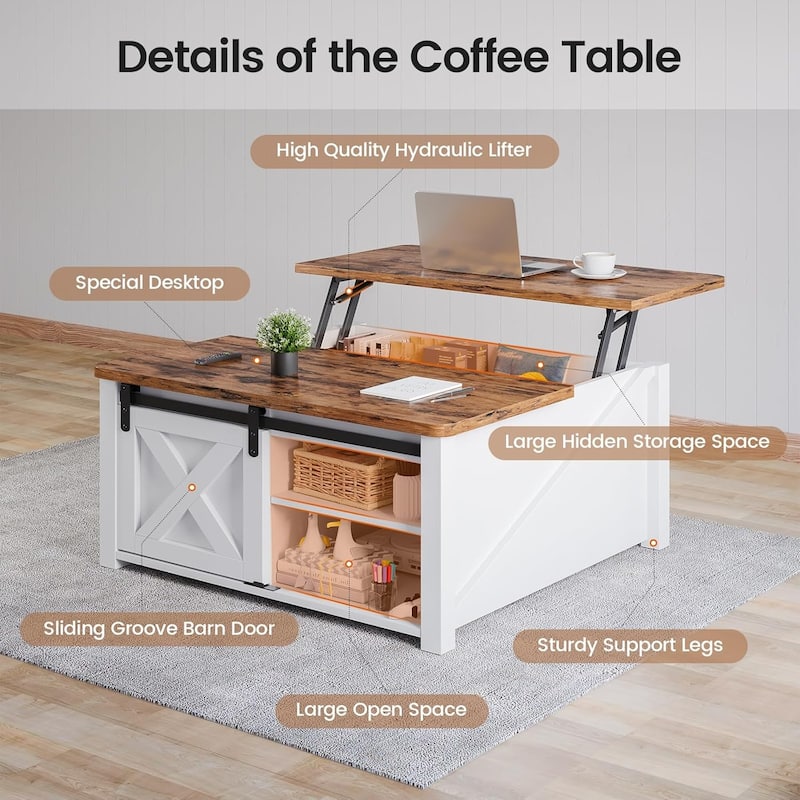 Coffee Table Lift Top Square Center Table Barn Door Adjustable Shelves