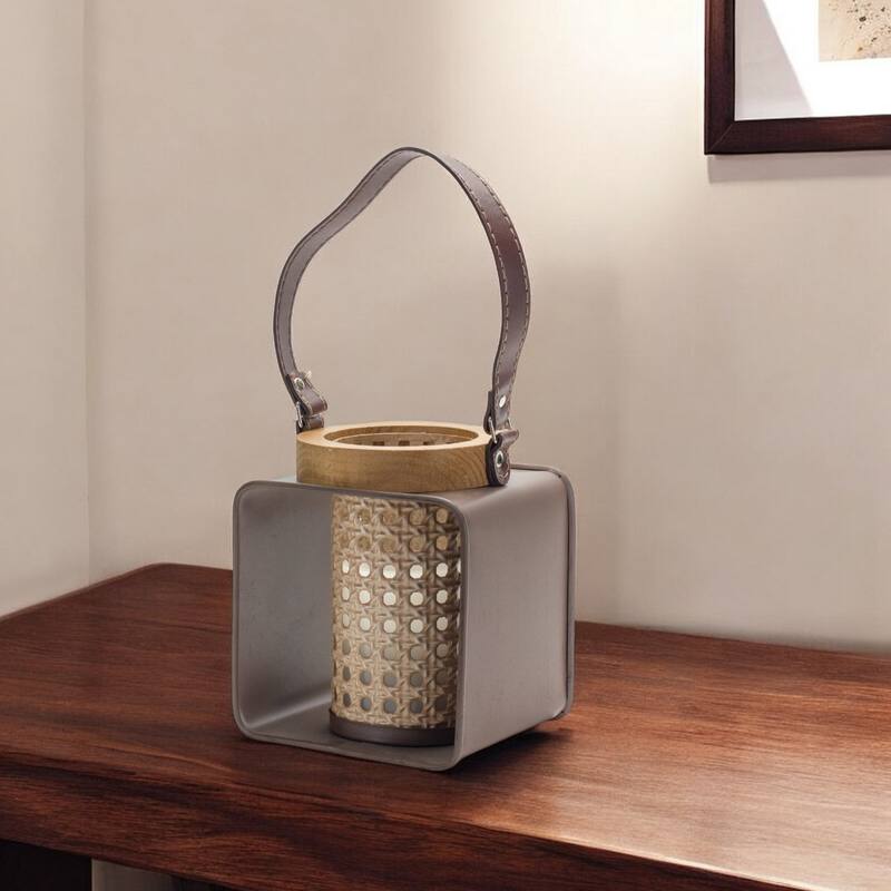 7" Natural and Brown Iron and Wood Lattice Tabletop Lantern Candle Holder - One Size - Natural and Brown - One Size
