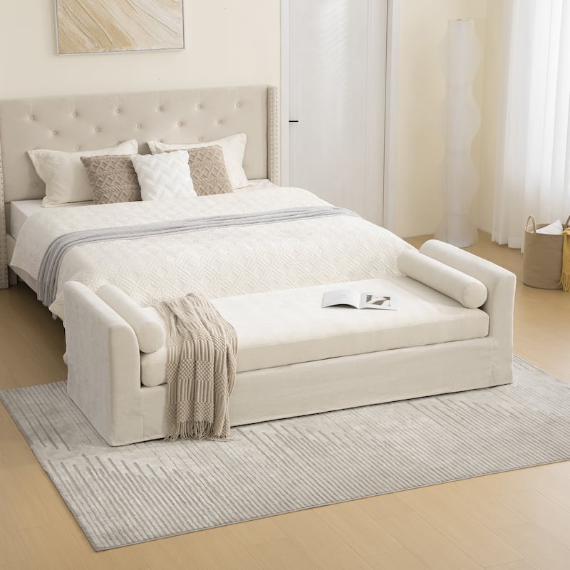 88.58"W Modern Bench, Bed End Bench with Armrests,Chenille Chaise Lounge Couch with 2 Bolster Pillows - Beige