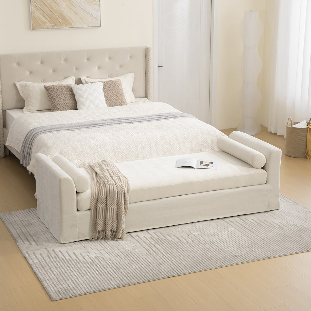 88.58"W Modern Bench, Bed End Bench with Armrests,Chenille Chaise Lounge Couch with 2 Bolster Pillows