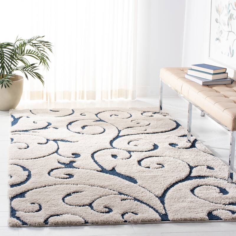 SAFAVIEH Florida Shag Shahin Scroll 1.2-inch Thick Textured Rug - 4' x 6' - Cream/Blue