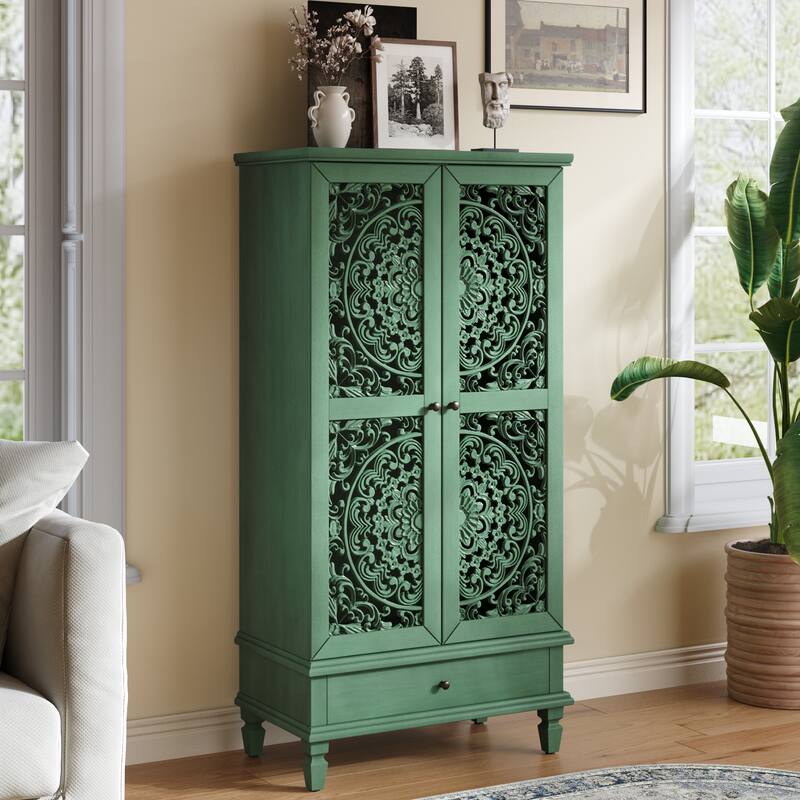 Roomfitters 55'' Tall Storage Cabinet, Carved Wood Accent Sideboard with Solid Wood Legs for Dining Room