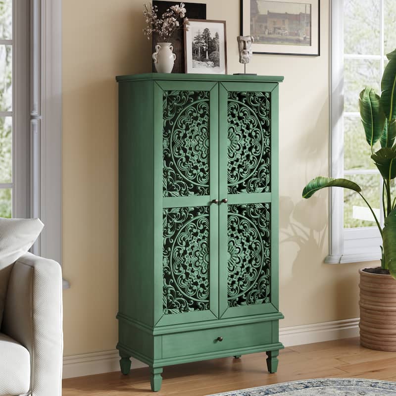 Rossetta Rustic Vintage Design 2-Door Carved Wood Storage Cabinet with Drawer, Solid Wood Legs - Antique Green