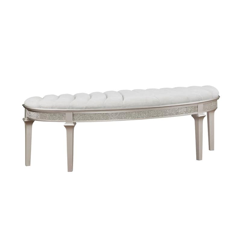 Upholstered Demilune Bench with Faux Diamond Trim in Silver and Ivory