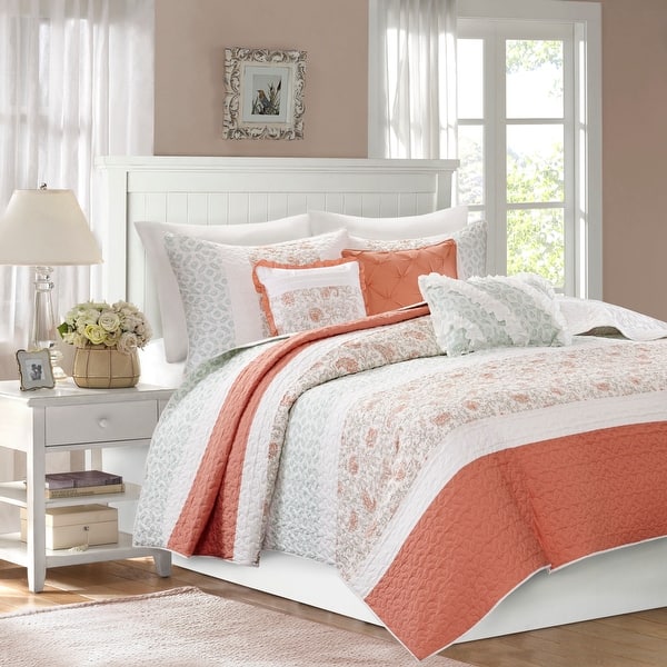 slide 1 of 13, Copper Grove Aleza 6-piece Coral Cotton Percale Quilted Coverlet Set Full - Queen
