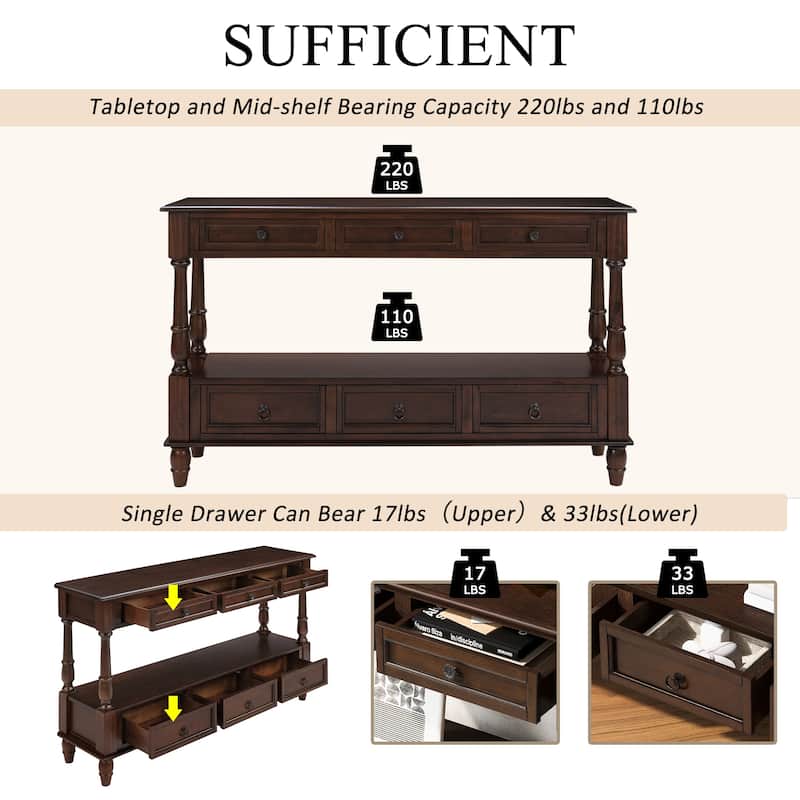 Solid Wood Console Table with 6 Drawers and Shelf, 54 Inch Vintage Entryway Sofa Table