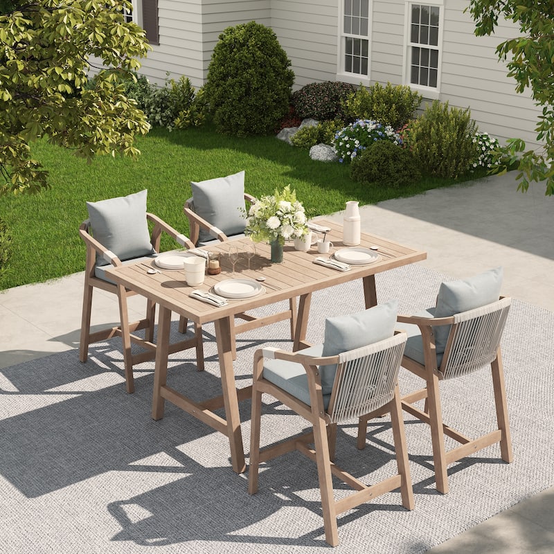 Outdoor Rope Dining Chair and Wood Dining Table Set of 5 - Grey