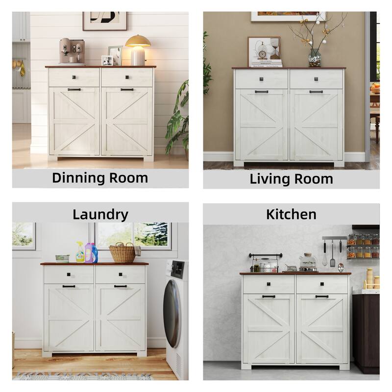 Tilt Out Trash Cabinet, Freestanding Wooden Trash Recycling Cabinet, Hidden Dual Laundry Cabinets with 2 Drawers & 2 Baskets