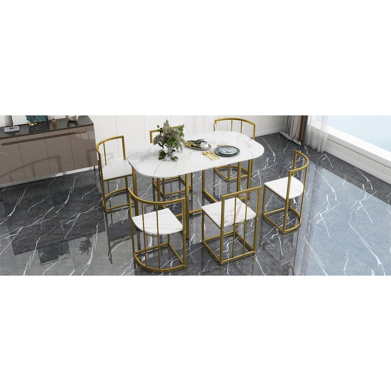 Roomfitters Modern 7-Piece Dining Table Set, 55" Faux Marble Kitchen Table with 6 Space-Saving Metal Chairs for 6
