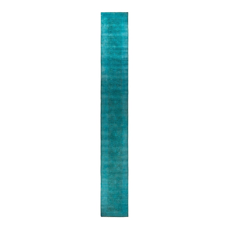Overton Hand Knotted Wool Vintage Inspired Modern Contemporary Overdyed Blue Runner Rug - 2' 7" x 21' 0"