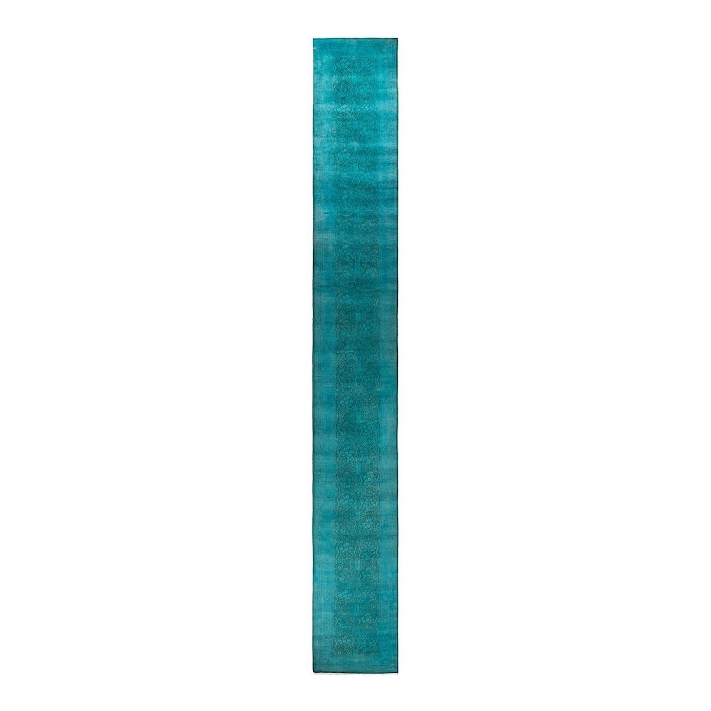 Overton Hand Knotted Wool Vintage Inspired Modern Contemporary Overdyed Blue Runner Rug - 2' 7" x 21' 0"