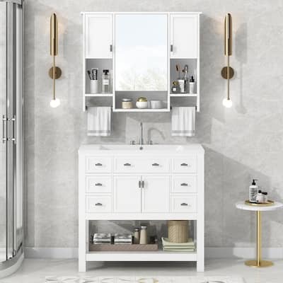 Plywood Freestanding Bathroom Vanity Set in Maple with Integrated Ceramic Sink with Drain - 36" x 18"