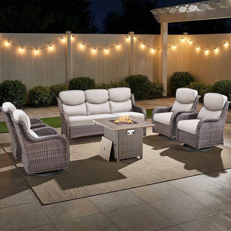 Pocassy Outdoor Propane Fire Table w/ Sofa Swivel Chair Ottoman Funiture Set. - Brown Wicker Beige Cushion - 6-Piece Sofa Swivel Chair w/ Fie Pit Table