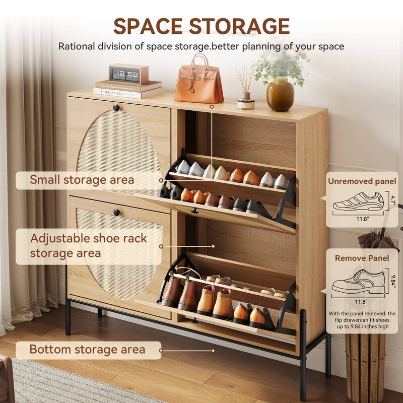 Space-Saving Rattan Shoe Cabinet with 4 Flip-Down Doors-Elegant Narrow Storage for Entryways & Hallways