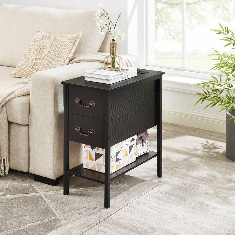 Taomika Industrial 2-Drawer Nightstand with Charging Station 2 USB/2 AC Ports & Open Shelf for Bedroom and Living Room