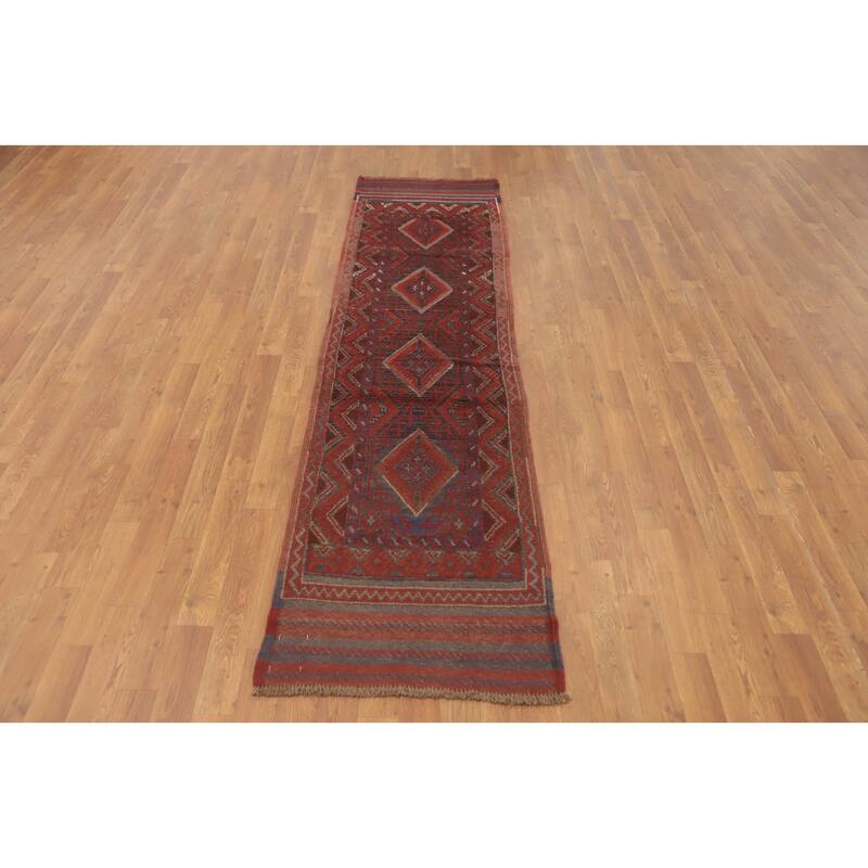 Hand Knotted Oriental 100% Wool Carpet Traditional Tribal Red Balouch Runner Rug - 8' 1'' X 2' 1''