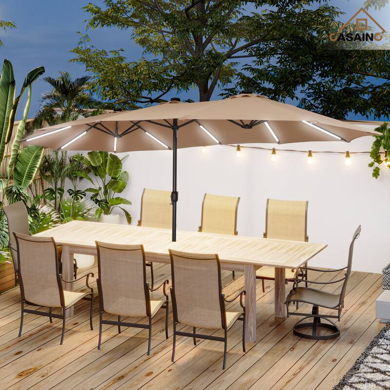 15 ft. Crank Double-sided Solar LED Ultra Lighted Outdoor Market Umbrella with Base Included