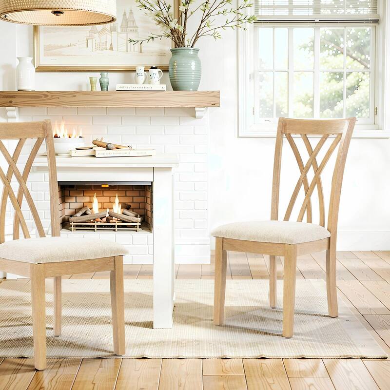 Off-White Dining Chairs Set of 2, Rubberwood Legs with Adjustable Glides