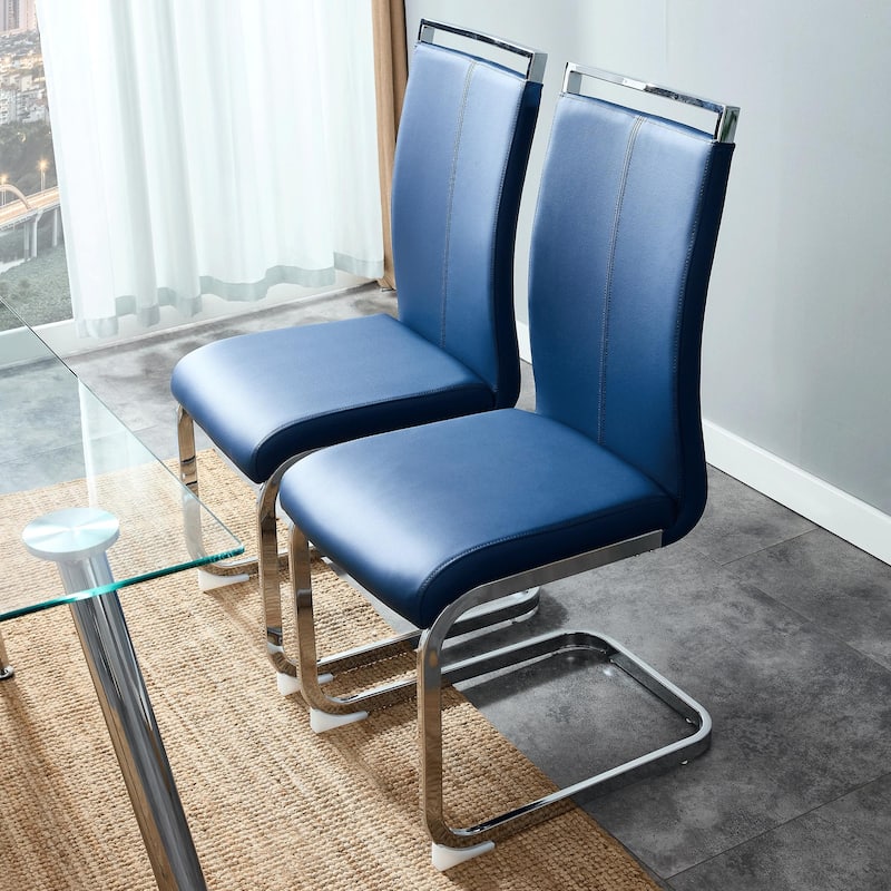 2PCS Dining Chairs,PU Faux Leather High Back Upholstered Side Chair with Chrome Metal Legs - Blue