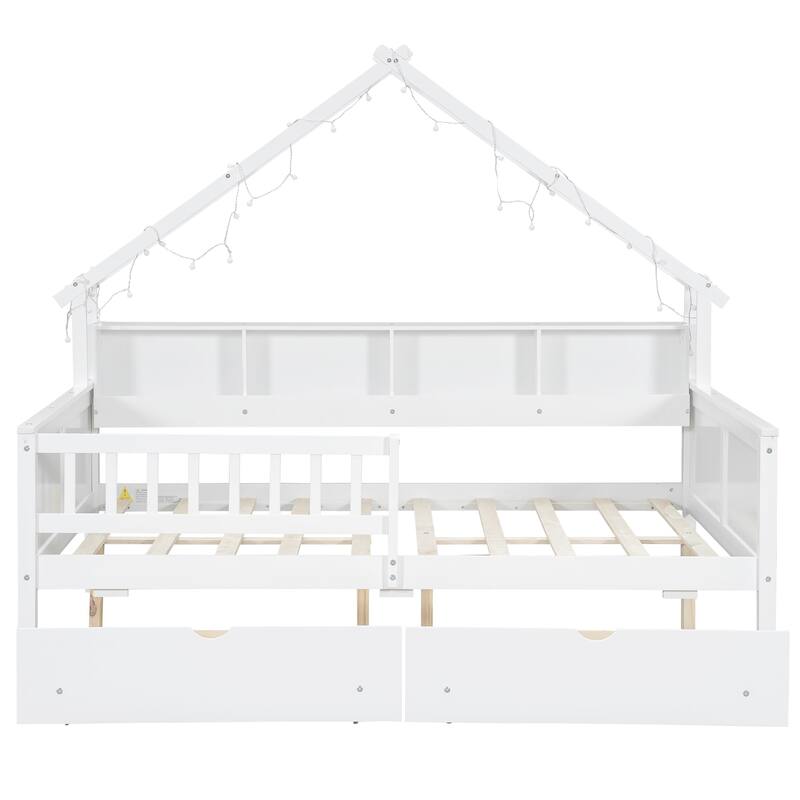 Full Size House Frame Platform Bed with LED Canopy, Storage Drawers & Bookshelf
