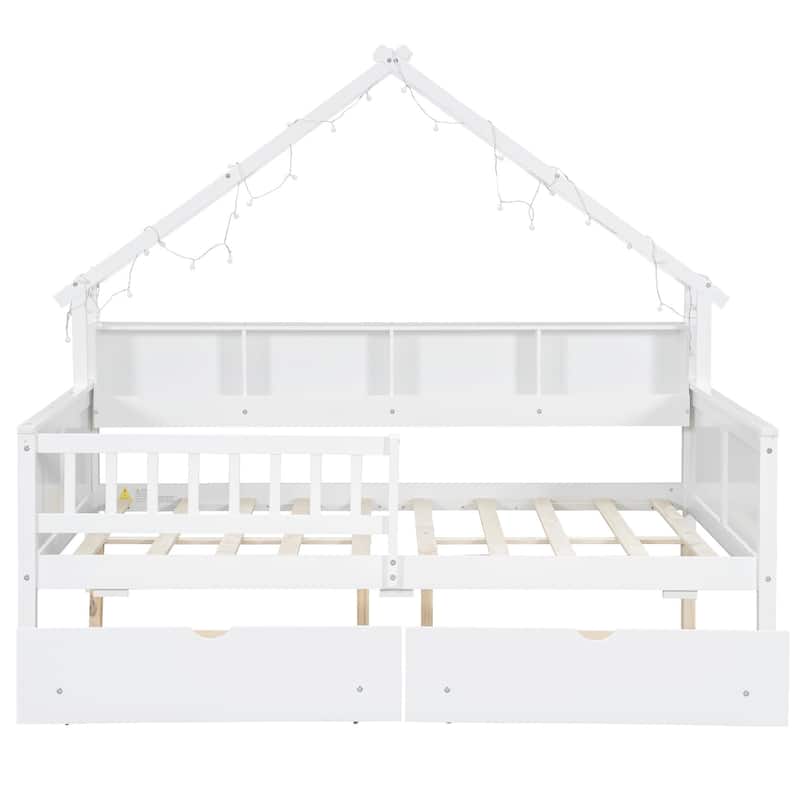 House-Shaped Full Size Daybed with LED Roof Frame, Storage Shelves and Drawers, Wooden Platform Bed Frame, Storage Sofa Bed