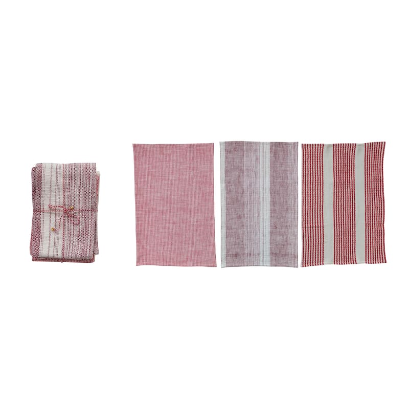 3-Piece Woven Patterned Tea Towels - Red;Natural