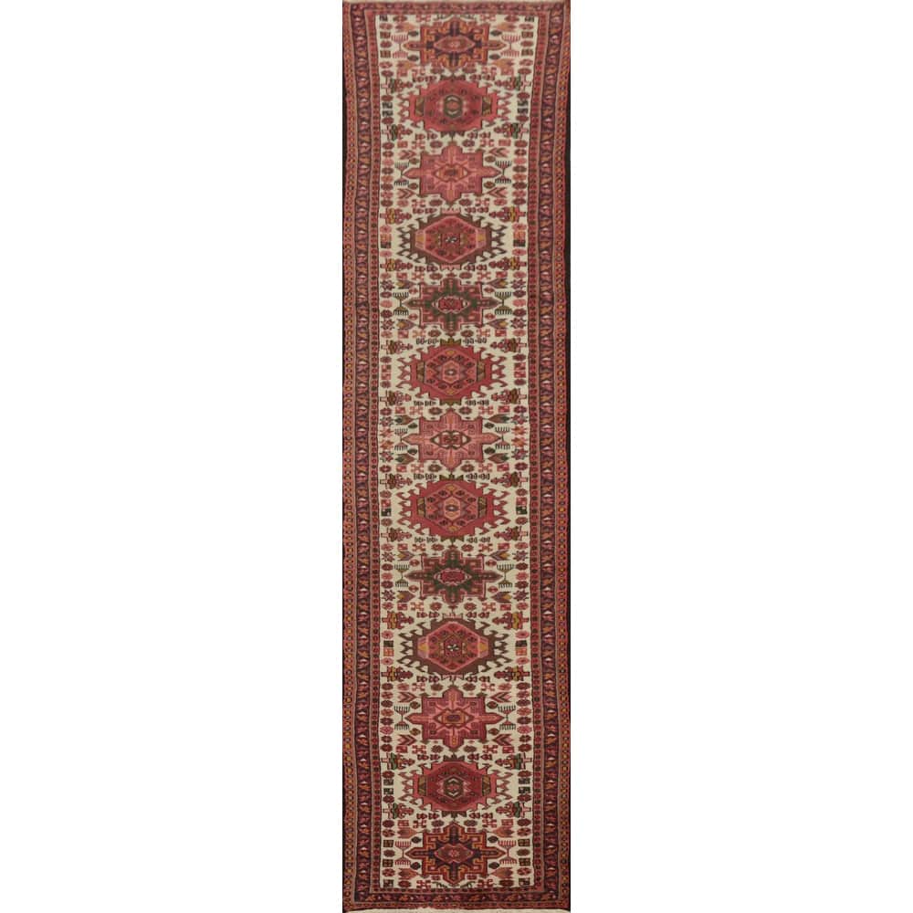 Hand Knotted Oriental 100% Wool Carpet Traditional Tribal Beige & Ivories Gharajeh Runner Rug - 11' 4'' X 2' 2''