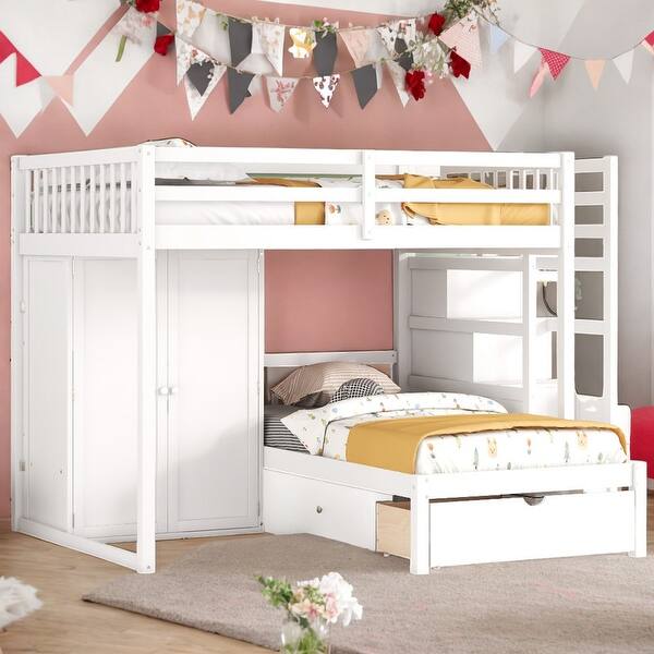 slide 2 of 30, Modern Full Over Twin Bunk Bed With Wardrobe And Drawers,Sturdy Frame,s White