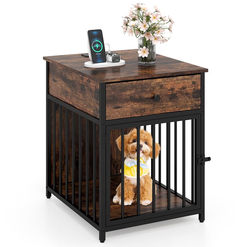 Gymax Versatile Dog Crate w/Charging Station Storage Drawer Lockable - Brown - MDF