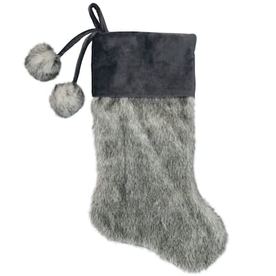 20.5-Inch Gray Faux Fur Christmas Stocking with Corduroy Cuff and Pom Poms - 20.5"