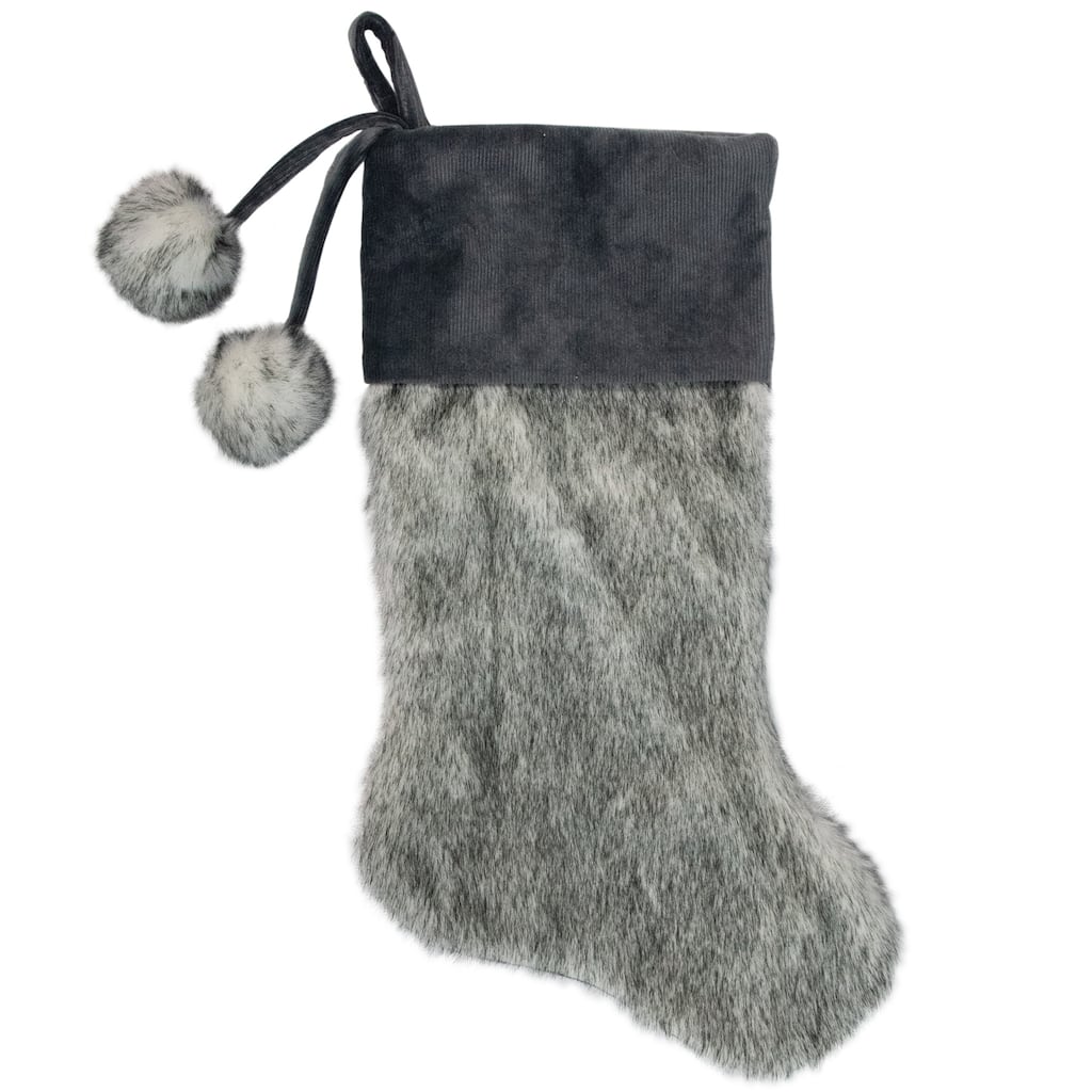 20.5-Inch Gray Faux Fur Christmas Stocking with Corduroy Cuff and Pom Poms - 20.5"