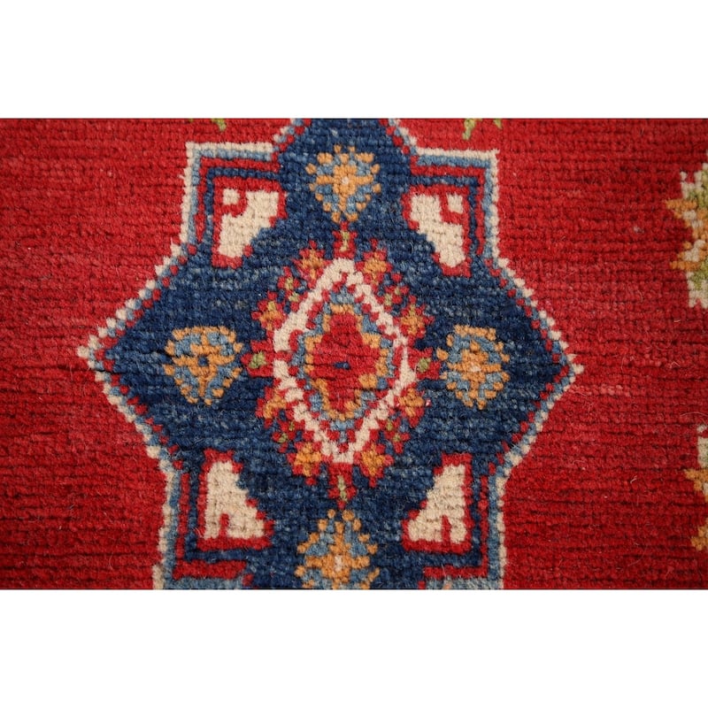 Red Geometric Kazak Oriental Accent Rug Hand-Knotted Wool Carpet - 1'11" x 3'3"