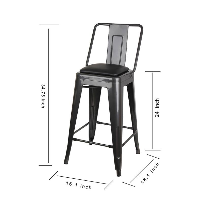 24" High Back Metal Stool with Leather Cushion-Set of 2