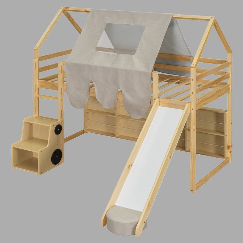 House-Shaped Twin Loft Bed with Tent, Slide, and Under-Bed Storage - Natural - Twin