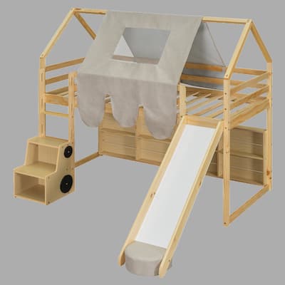 House-Shaped Twin Loft Bed with Tent, Slide, and Under-Bed Storage